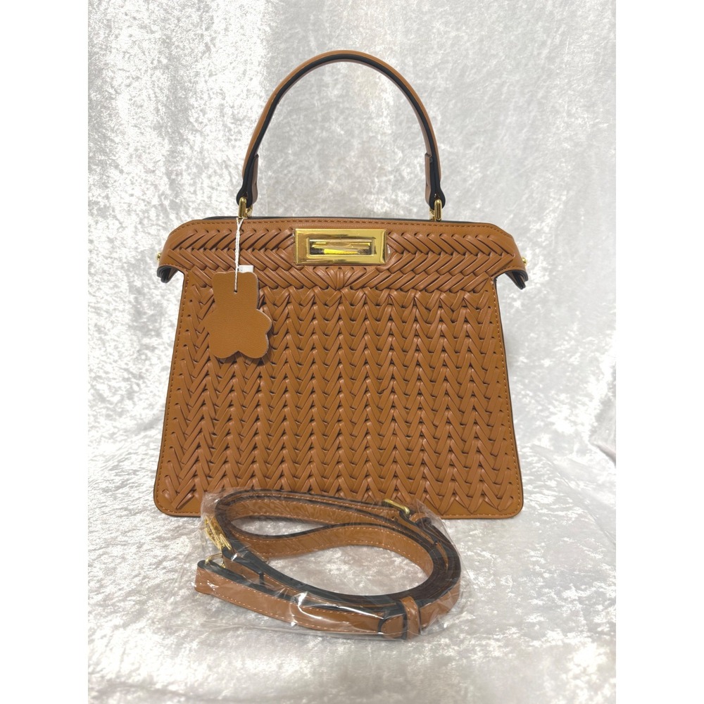 Verano Hill Dionne Woven Handbag Brown Vegan Leather Satchel Crossbody NEW